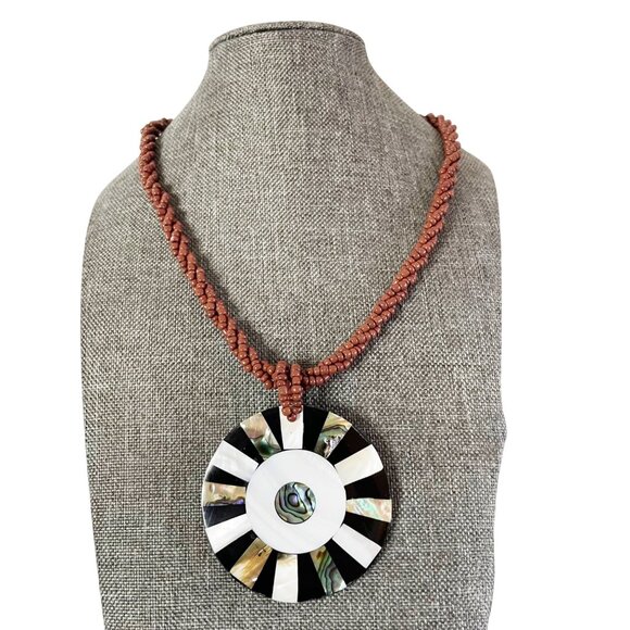 Vtg Inlaid Abalone & Mother of Pearl on Brown Multi Strand Seed Beaded Necklace - Picture 1 of 8